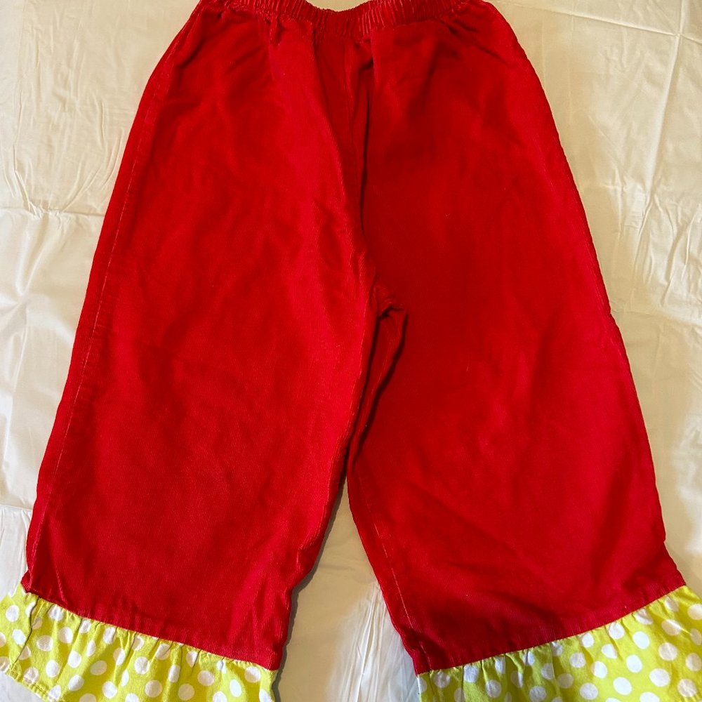 Just Ducky size 4 red corduroy pants with lime green and white polka dot ruffle